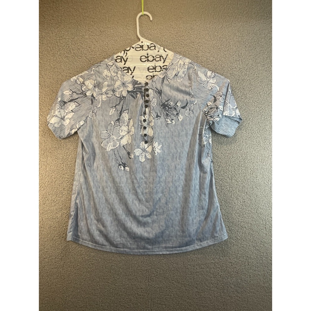 Womens Pullover Tunic, Stretch Blue Floral with Buttons at Chest, Size‎ XL